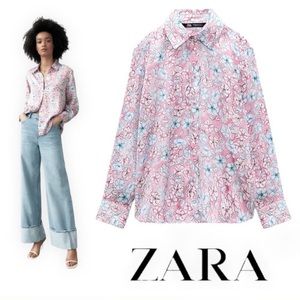 ZARA Women White/Pink FLORAL PRINT SHIRT NWT Size Large
